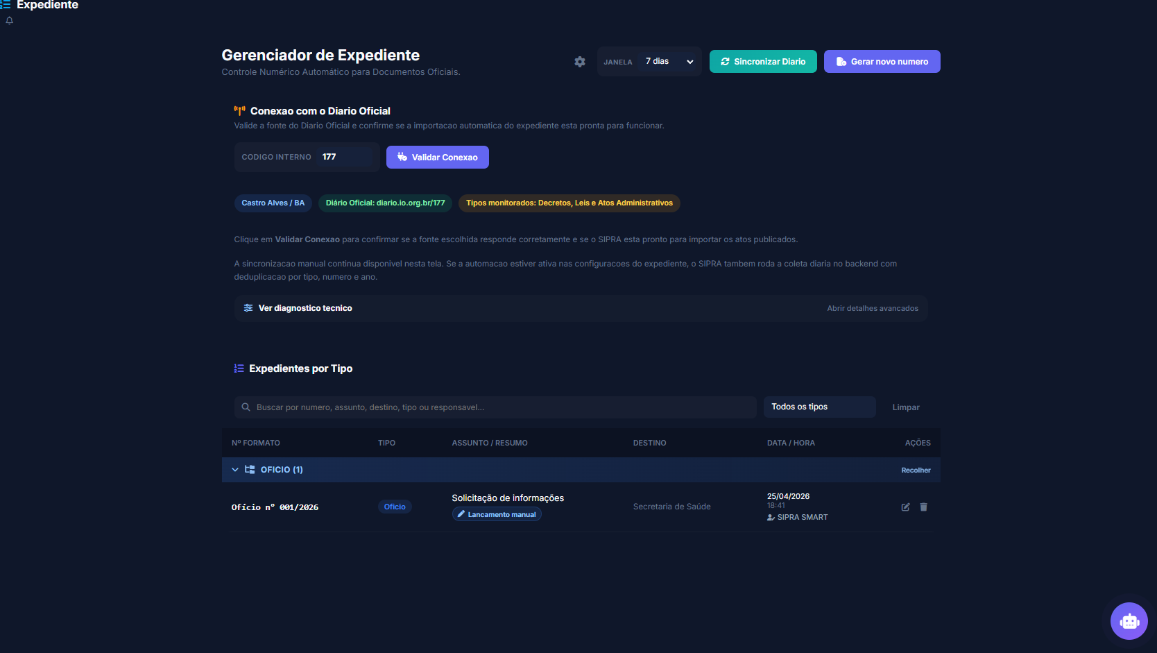 Gerenciador de expediente do SIPRA Smart